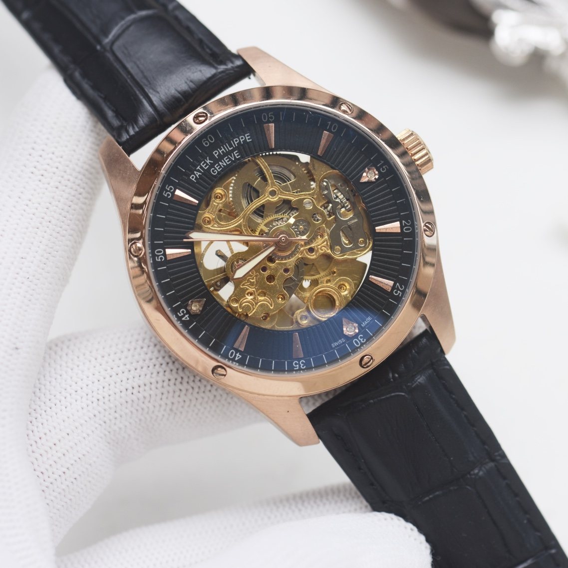 PATEK PHILIPPE Rose Gold Black Dial Leather Strap Watch