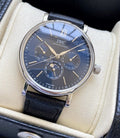IWC Silver Black Blue Dial Leather Strap Watch