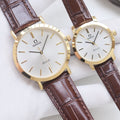 Omega Gold Brown Strap Couple Watch Set